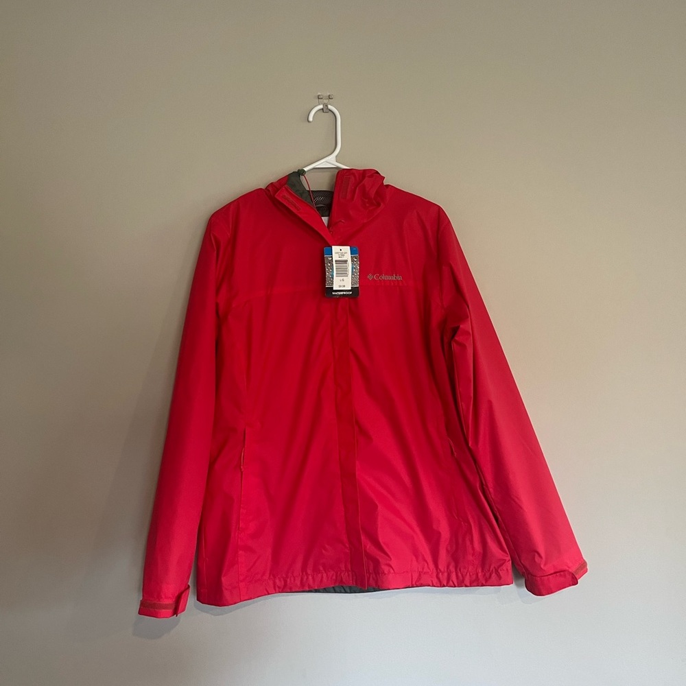 Size large hooded pink waterproof jacket